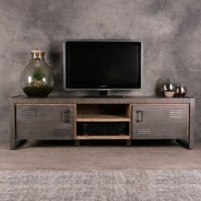 Industrieel tv meubel 180 cm. Grijs metaal met hout.