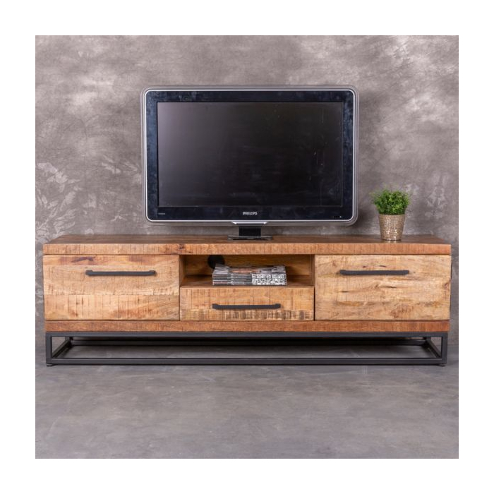 Industriële tv kast mangohout 150 cm breed.