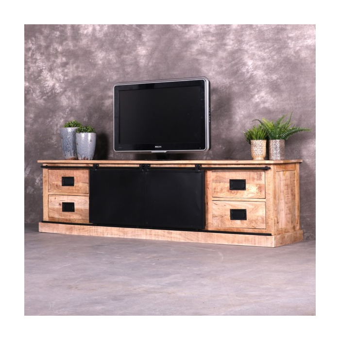 Tv meubel mangohout 200 cm breed met twee schuifdeuren.