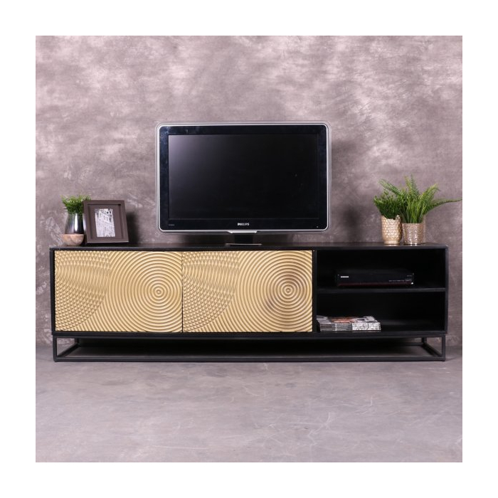 Zwart tv meubel met gouden deuren 180 cm breed.