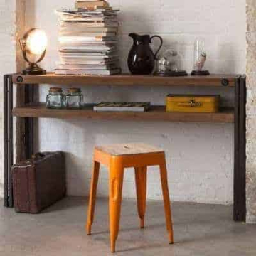 Industriële sidetable van acaciahout met grijs metaal