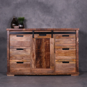 Dressoir mangohout met schuifdeur en zes laden.